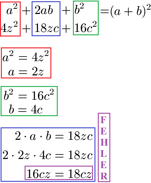 Binomische Formeln Beispiel mit Fehler