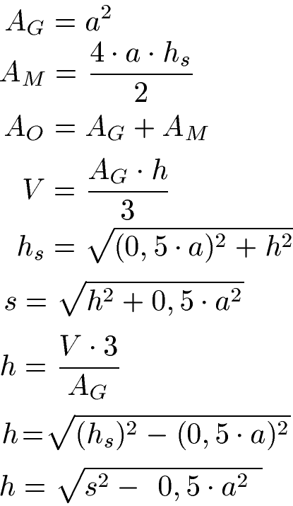 Quadratische Pyramide Formeln / Gleichungen